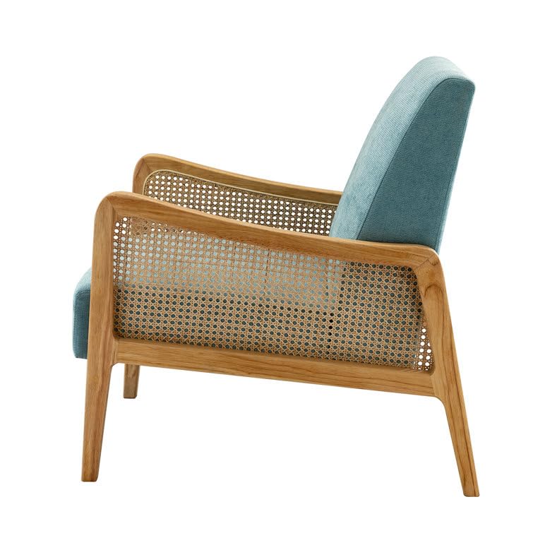 LSFH Unique Design Fabric Upholstered Rattan Cane Accent Chair, Armchair with Solid Sagwan Wooden Frame Single Sofa Chair for Small Apartments, Living Room or Bedroom (1 Chair, Sky Blue)