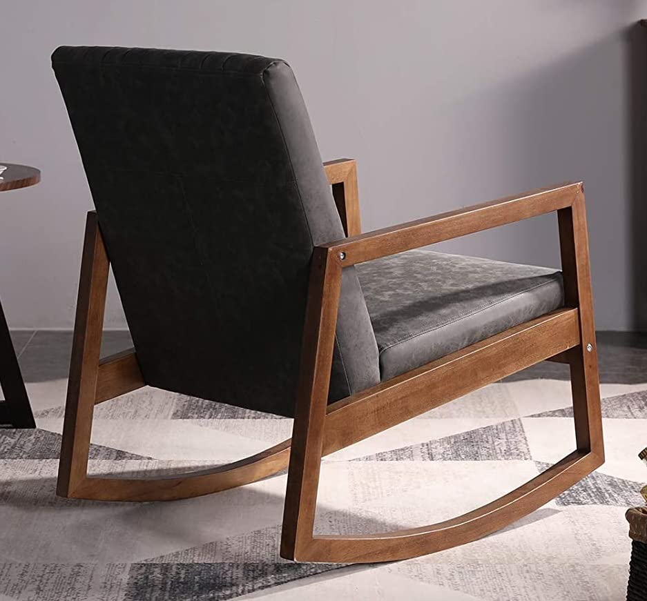 LSFH Unique Design Rocking Chair Leatherette Accent Chair Armchair with Solid Sagwan Wooden Frame Single Sofa Chair for Small Apartments, Living Room or Bedroom (1 Chair, Grey)