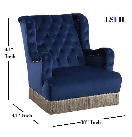 LSFH Unique Design True Innovations Fringed Wing Accent Chair with Fringe Trim and Tufted Back Armchair Single Sofa Chair for Small Apartments, Living Room or Bedroom (1 Chair, Blue)