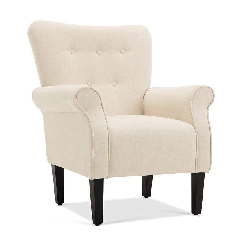 LSFH Unique Design Versatile Button Tufted Fabric Accent Chair Armchair with Solid Sagwan Wooden Frame Single Sofa Chair for Small Apartments, Living Room or Bedroom (1 Chair, Cream)