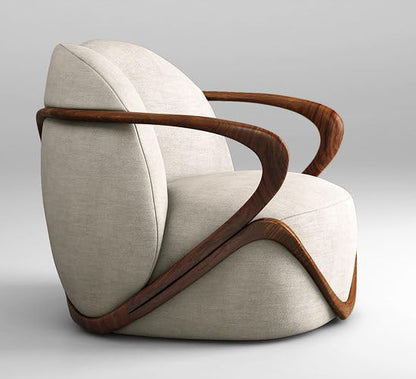 LSFH Unique Design Fabric Upholstered Huge Accent Chair, Armchair with Solid Sagwan Wooden Frame Single Sofa Chair for Small Apartments, Living Room or Bedroom (Set of 2 Chairs, Beige)