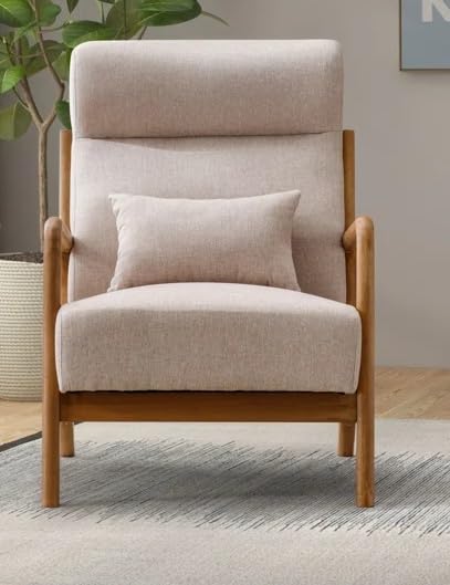 LSFH Unique Design Fabric Upholstered Vegaz Accent Chair with Solid Sagwan Wooden Frame Single Sofa Chair for Small Apartments, Living Room or Bedroom (Set of 2 Chairs, Beige)