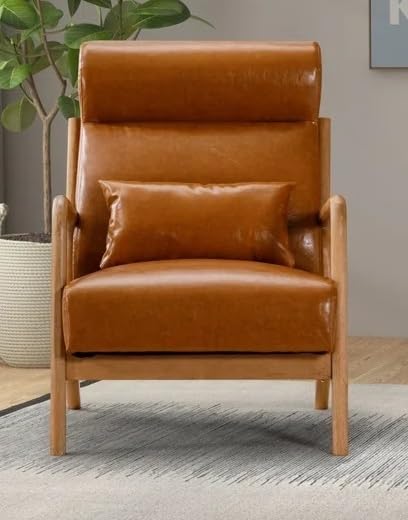 LSFH Unique Design Leatherette Upholstered Vegaz Accent Chair with Solid Sagwan Wooden Frame Single Sofa Chair for Small Apartments, Living Room or Bedroom (1 Chair, Brown)