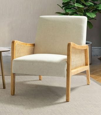 LSFH Unique Design Fabric Upholstered Rattan Cane Accent Chair, Armchair with Solid Sagwan Wooden Frame Single Sofa Chair for Small Apartments, Living Room or Bedroom (Set of 2 Chairs, Off White)
