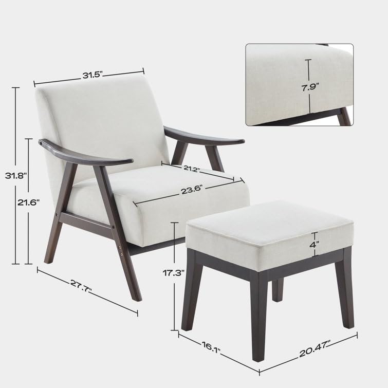 LSFH Unique Design Golrge Accent Chair, Ottoman Armchair with Solid Sagwan Wooden Frame Single Sofa Chair for Small Apartments, Living Room or Bedroom (1 Chair with Ottoman, Off-White)