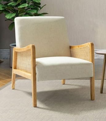 LSFH Unique Design Fabric Upholstered Rattan Cane Accent Chair, Armchair with Solid Sagwan Wooden Frame Single Sofa Chair for Small Apartments, Living Room or Bedroom (Set of 2 Chairs, Off White)