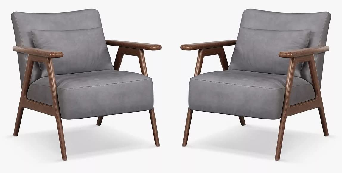 LSFH Unique Design True Innovations Hendricks Leatherette Accent Chair Armchair with Solid Sagwan Wooden Frame Single Sofa Chair for Small Apartments, Living Room (Set of 2 Chairs, Light Grey)