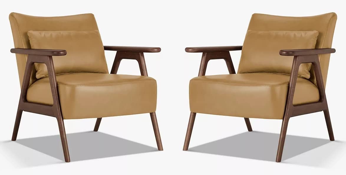 LSFH Unique Design Hendricks Leatherette Accent Chair Armchair with Solid Sagwan Wooden Frame Single Sofa Chair for Small Apartments, Living Room or Bedroom (Set of 2 Chairs, Light Brown)