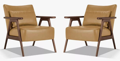 LSFH Unique Design Hendricks Leatherette Accent Chair Armchair with Solid Sagwan Wooden Frame Single Sofa Chair for Small Apartments, Living Room or Bedroom (Set of 2 Chairs, Light Brown)