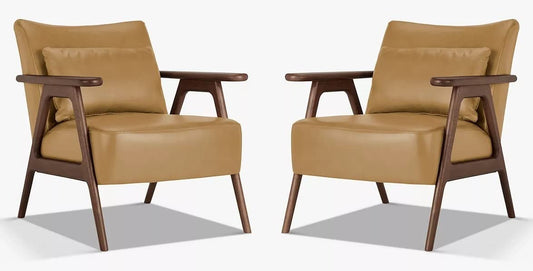 LSFH Unique Design Hendricks Leatherette Accent Chair Armchair with Solid Sagwan Wooden Frame Single Sofa Chair for Small Apartments, Living Room or Bedroom (Set of 2 Chairs, Light Brown)