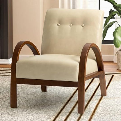 LSFH Unique Design True Innovations Vegaz Accent Chair, Ottoman Armchair with Solid Sagwan Wooden Frame Single Sofa Chair for Small Apartments, Living Room or Bedroom (1 Chair, Beige)