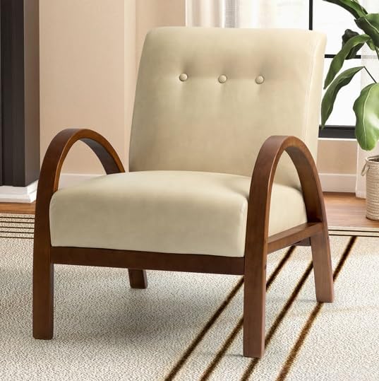 LSFH Unique Design True Innovations Vegaz Accent Chair, Ottoman Armchair with Solid Sagwan Wooden Frame Single Sofa Chair for Small Apartments, Living Room or Bedroom (Set of 2 Chairs, Beige)