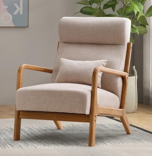LSFH Unique Design Fabric Upholstered Vegaz Accent Chair with Solid Sagwan Wooden Frame Single Sofa Chair for Small Apartments, Living Room or Bedroom (Set of 2 Chairs, Beige)