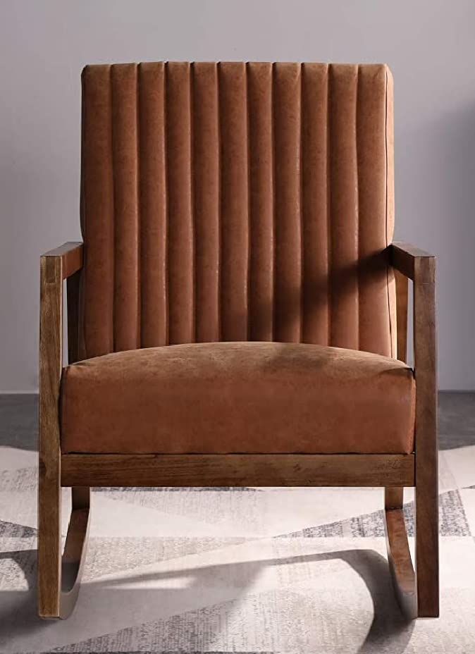 LSFH Unique Design Rocking Chair Leatherette Accent Chair Armchair with Solid Sagwan Wooden Frame Single Sofa Chair for Small Apartments, Living Room or Bedroom (1 Chair, Brown)