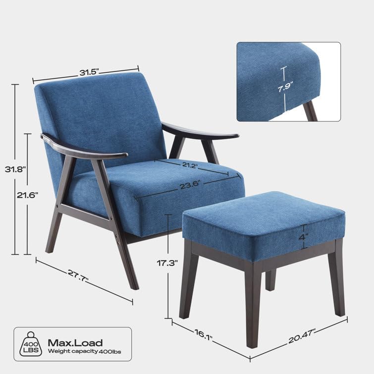 LSFH Unique Design Golrge Accent Chair, Ottoman Armchair with Solid Sagwan Wooden Frame Single Sofa Chair for Small Apartments, Living Room or Bedroom (1 Chair with Ottoman, Blue)