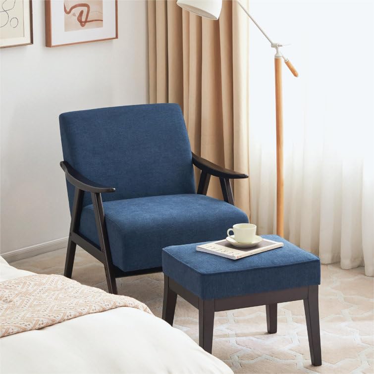 LSFH Unique Design Golrge Accent Chair, Ottoman Armchair with Solid Sagwan Wooden Frame Single Sofa Chair for Small Apartments, Living Room or Bedroom (1 Chair with Ottoman, Blue)