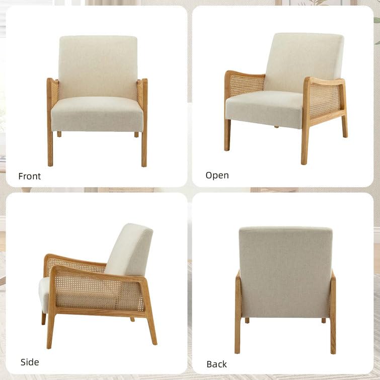 LSFH Unique Design Fabric Upholstered Rattan Cane Accent Chair, Armchair with Solid Sagwan Wooden Frame Single Sofa Chair for Small Apartments, Living Room or Bedroom (1 Chair, Off White)