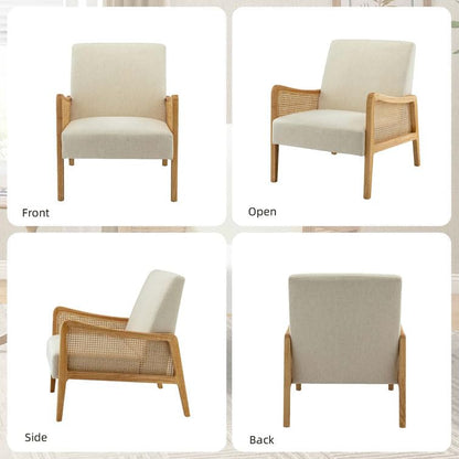 LSFH Unique Design Fabric Upholstered Rattan Cane Accent Chair, Armchair with Solid Sagwan Wooden Frame Single Sofa Chair for Small Apartments, Living Room or Bedroom (Set of 2 Chairs, Off White)