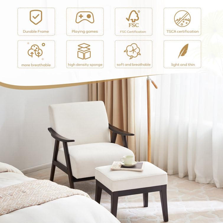 LSFH Unique Design Golrge Accent Chair, Ottoman Armchair with Solid Sagwan Wooden Frame Single Sofa Chair for Small Apartments, Living Room or Bedroom (1 Chair with Ottoman, Off-White)