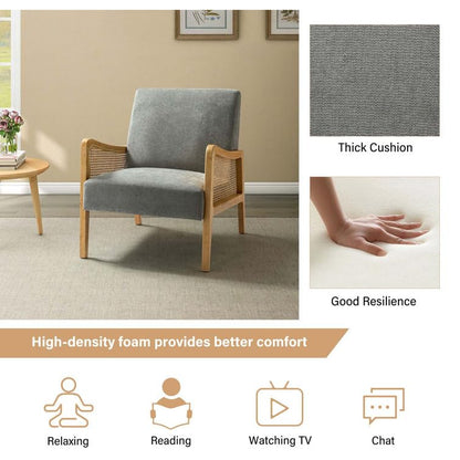 LSFH Unique Design Fabric Upholstered Rattan Cane Accent Chair, Armchair with Solid Sagwan Wooden Frame Single Sofa Chair for Small Apartments, Living Room or Bedroom (1 Chair, Grey)