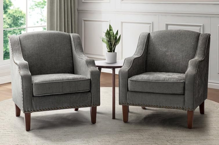 LSFH Unique Design True Innovations Aleithz Accent Chair, Armchair with Solid Sagwan Wooden Frame Single Sofa Chair for Small Apartments, Living Room or Bedroom (Set of 2 Chairs, Grey)