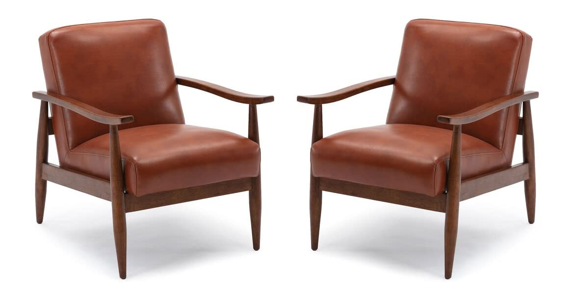 LSFH Unique Design Austin Caramel Leatherette Accent Chair Armchair with Solid Sagwan Wooden Frame Single Sofa Chair for Small Apartments, Living Room or Bedroom (Brown, Set of 2 Chairs)