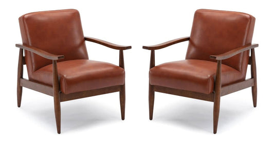 LSFH Unique Design Austin Caramel Leatherette Accent Chair Armchair with Solid Sagwan Wooden Frame Single Sofa Chair for Small Apartments, Living Room or Bedroom (Brown, Set of 2 Chairs)