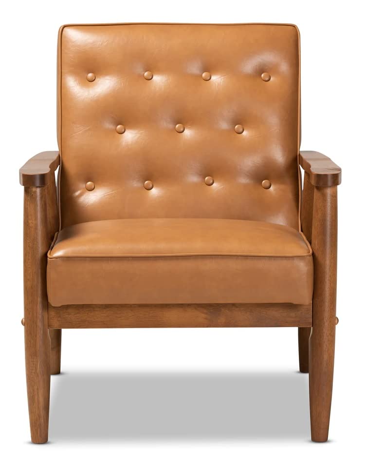 LSFH Unique Design True Innovations Sorrento Button-Tufted Accent Armchair with Solid Teak Wood Frame, Set of 2, Brown