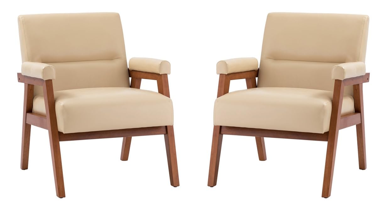 LSFH Unique Design True Innovations Mackenne Accent Chair, Ottoman Armchair with Solid Sagwan Wooden Frame Single Sofa Chair for Small Apartments, Living Room or Bedroom (Set of 2 Chairs, Beige)