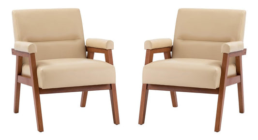 LSFH Unique Design True Innovations Mackenne Accent Chair, Ottoman Armchair with Solid Sagwan Wooden Frame Single Sofa Chair for Small Apartments, Living Room or Bedroom (Set of 2 Chairs, Beige)