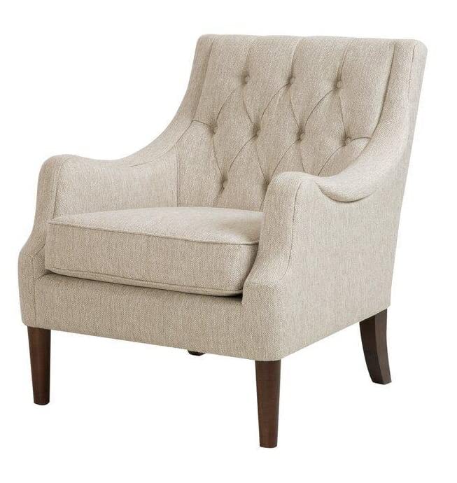 LSFH Unique Design Vinger Button Tufted Fabric Accent Chair Armchair with Solid Sagwan Wooden Frame Single Sofa Chair for Small Apartments, Living Room or Bedroom (1 Chair, Beige)
