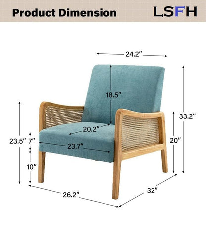 LSFH Unique Design Fabric Upholstered Rattan Cane Accent Chair, Armchair with Solid Teak Wood Frame, Set of 2 Chairs, Grey