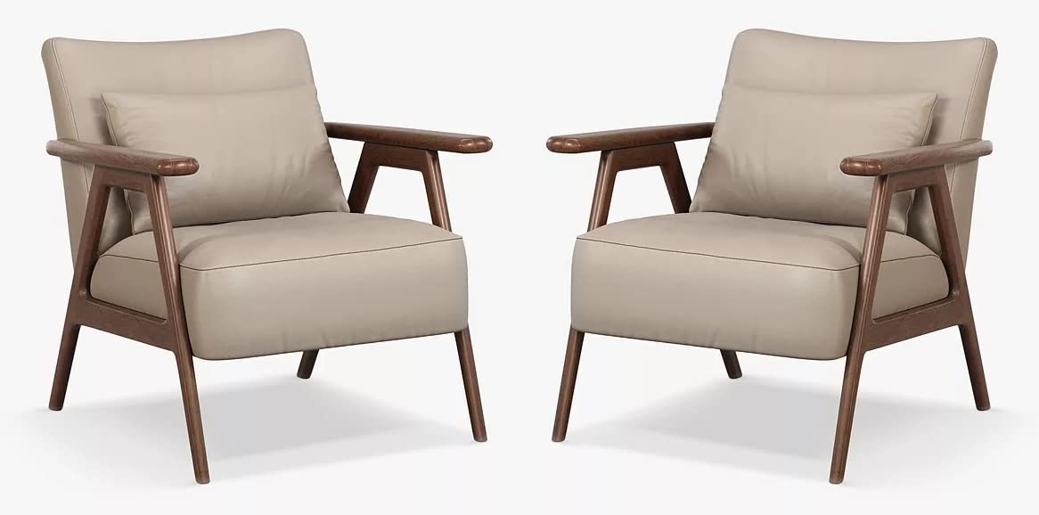 LSFH Unique Design True Innovations Hendricks Leatherette Accent Chair Armchair with Solid Sagwan Wooden Frame Single Sofa Chair for Small Apartments, Living Room or Bedroom (Set of 2 Chairs, Beige)