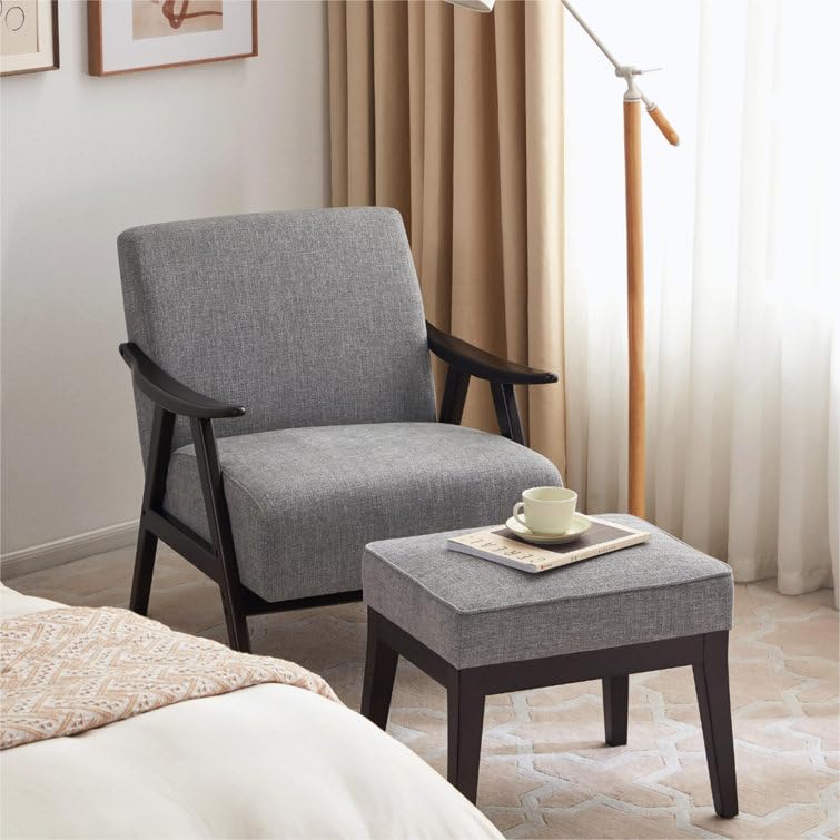 LSFH Unique Design Golrge Accent Chair, Ottoman Armchair with Solid Sagwan Wooden Frame Single Sofa Chair for Small Apartments, Living Room or Bedroom (1 Chair with Ottoman, Grey)