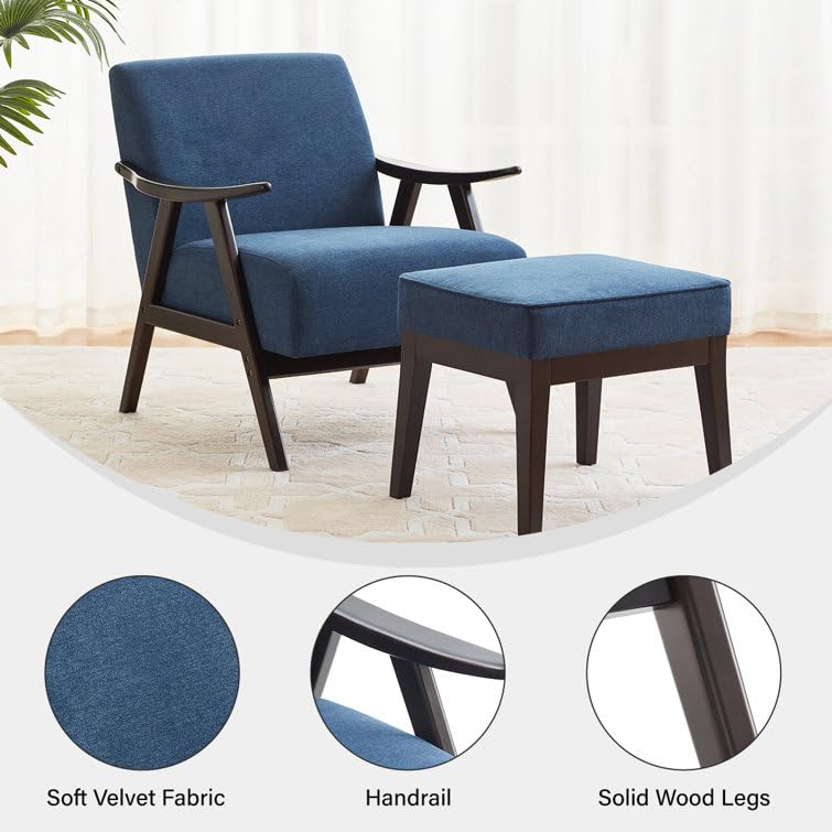 LSFH Unique Design Golrge Accent Chair, Ottoman Armchair with Solid Sagwan Wooden Frame Single Sofa Chair for Small Apartments, Living Room or Bedroom (1 Chair with Ottoman, Blue)