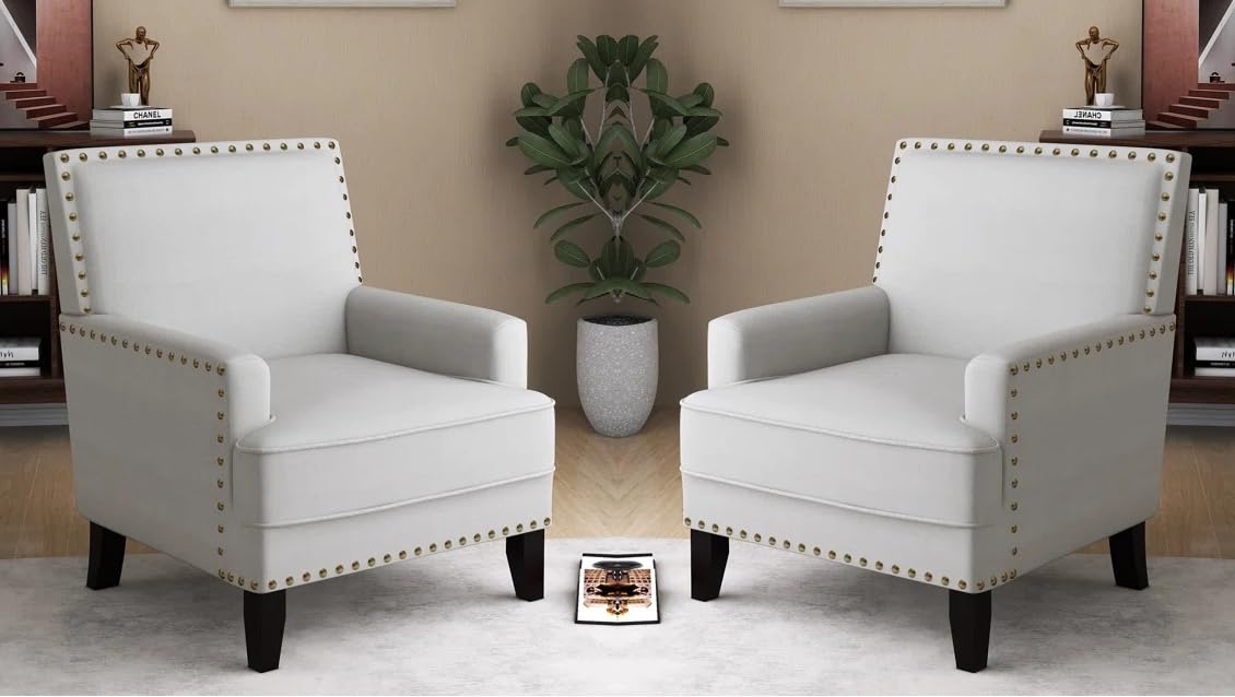 LSFH Unique Design True Innovations Joshkz Accent Chair, Armchair with Solid Sagwan Wooden Frame Single Sofa Chair for Small Apartments, Living Room or Bedroom (Set of 2 Chairs, Off-White)