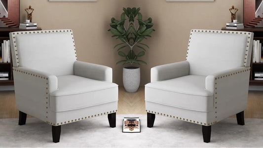 LSFH Unique Design True Innovations Joshkz Accent Chair, Armchair with Solid Sagwan Wooden Frame Single Sofa Chair for Small Apartments, Living Room or Bedroom (Set of 2 Chairs, Off-White)