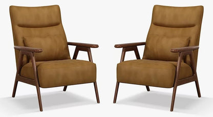 LSFH Unique Design True Innovations High Back Hendricks Leatherette Accent with Solid Sagwan Wooden Frame Single Sofa for Small Apartments, Living Room or Bedroom (Set of 2 Chairs, Tan)