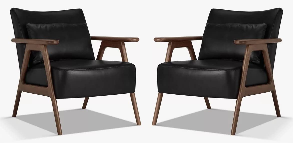 LSFH Unique Design True Innovations Hendricks Leatherette Accent Chair Armchair with Solid Sagwan Wooden Frame Single Sofa Chair for Small Apartments, Living Room or Bedroom (Set of 2 Chairs, Black)