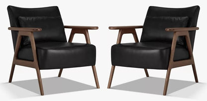LSFH Unique Design True Innovations Hendricks Leatherette Accent Chair Armchair with Solid Sagwan Wooden Frame Single Sofa Chair for Small Apartments, Living Room or Bedroom (Set of 2 Chairs, Black)