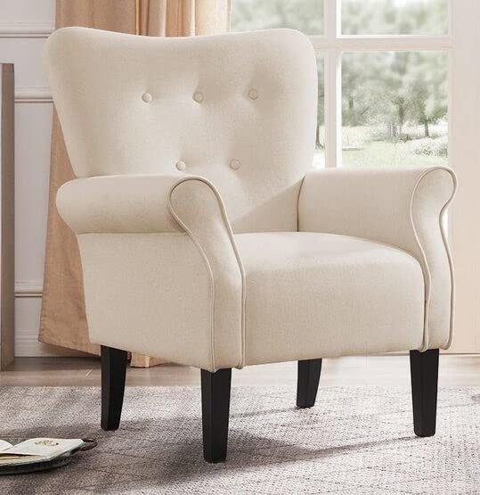 LSFH Unique Design Versatile Button Tufted Fabric Accent Chair Armchair with Solid Sagwan Wooden Frame Single Sofa Chair for Small Apartments, Living Room or Bedroom (1 Chair, Cream)