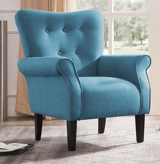 LSFH Unique Design Versatile Button Tufted Fabric Accent Chair Armchair with Solid Sagwan Wooden Frame Single Sofa Chair for Small Apartments, Living Room or Bedroom (1 Chair, Blue)