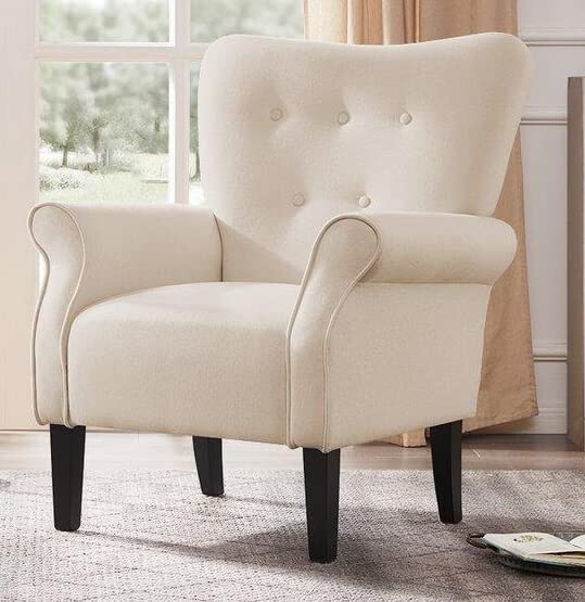 LSFH Unique Design Versatile Button Tufted Fabric Accent Chair Armchair with Solid Sagwan Wooden Frame Single Sofa Chair for Small Apartments, Living Room or Bedroom (1 Chair, Cream)