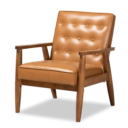 LSFH Unique Design True Innovations Sorrento Button-Tufted Accent Armchair with Solid Teak Wood Frame, Set of 2, Brown
