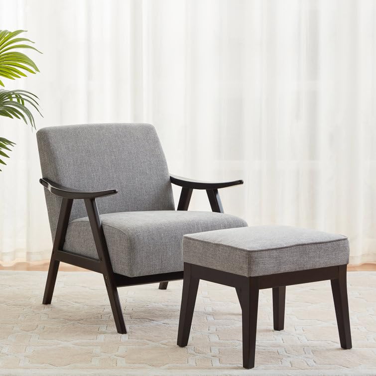 LSFH Unique Design Golrge Accent Chair, Ottoman Armchair with Solid Sagwan Wooden Frame Single Sofa Chair for Small Apartments, Living Room or Bedroom (1 Chair with Ottoman, Grey)