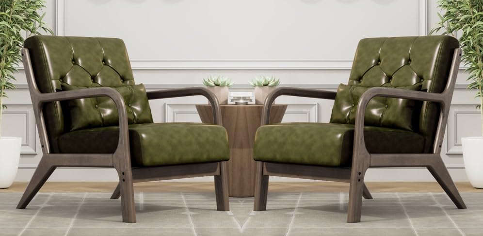 LSFH Unique Design True Innovations Alcie Accent Chair, Ottoman Armchair with Solid Sagwan Wooden Frame Single Sofa Chair for Small Apartments, Living Room or Bedroom (Set of 2 Chairs, Kai Green)