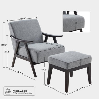LSFH Unique Design Golrge Accent Chair, Ottoman Armchair with Solid Sagwan Wooden Frame Single Sofa Chair for Small Apartments, Living Room or Bedroom (1 Chair with Ottoman, Grey)