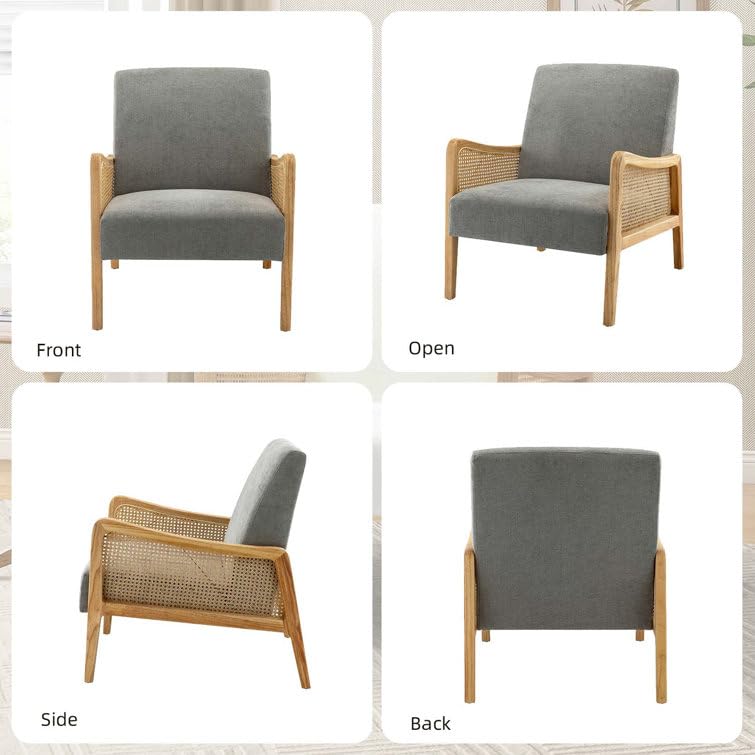 LSFH Unique Design Fabric Upholstered Rattan Cane Accent Chair, Armchair with Solid Sagwan Wooden Frame Single Sofa Chair for Small Apartments, Living Room or Bedroom (1 Chair, Grey)