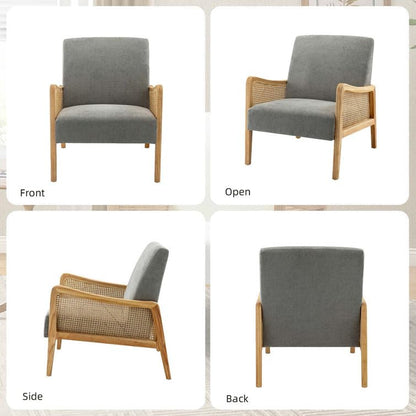 LSFH Unique Design Fabric Upholstered Rattan Cane Accent Chair, Armchair with Solid Teak Wood Frame, Set of 2 Chairs, Grey