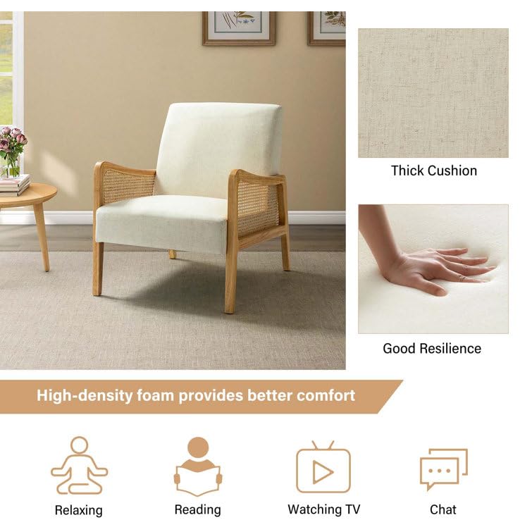 LSFH Unique Design Fabric Upholstered Rattan Cane Accent Chair, Armchair with Solid Sagwan Wooden Frame Single Sofa Chair for Small Apartments, Living Room or Bedroom (1 Chair, Off White)